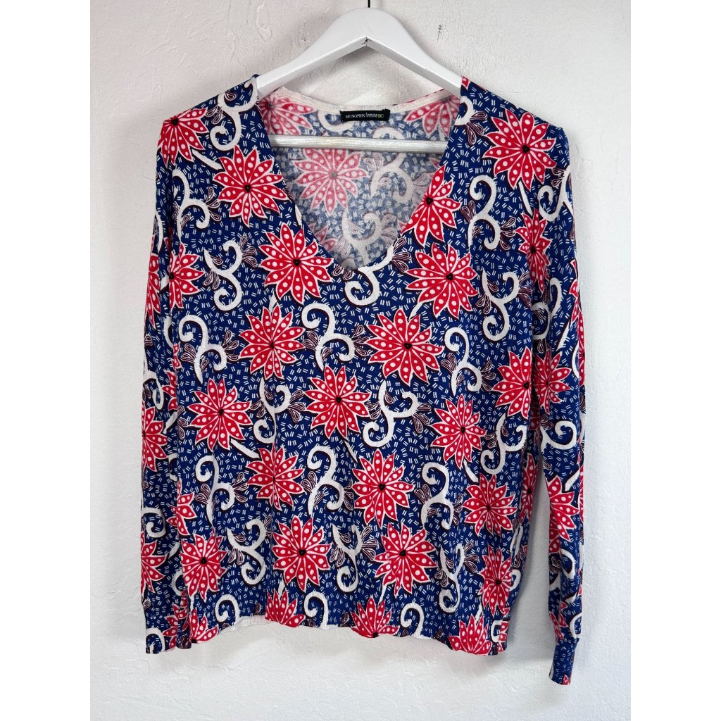 Monoprix Femme Bio Womens V-Neck Long Sleeve Floral Print Top Xl Red Blue Cotton